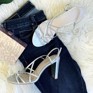 Silver criss-cross block sandal heels
